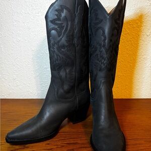 Jeffrey Campbell Duggart Western Black Leather Boots Black Stitching 🤠